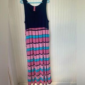 Honeyme Curvy (L/XL) Sleeveless Maxi Dress/Smocked Waist Skirt; Navy Blue